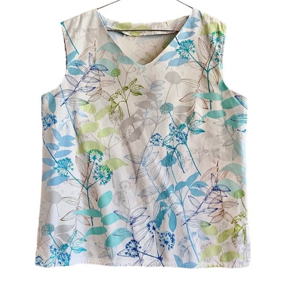 Top - Women’s Large  Blue & Green Floral on White